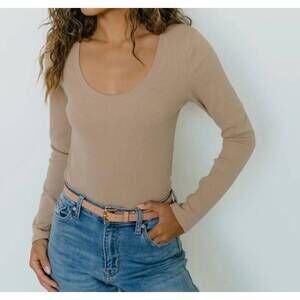 NEW SAVRAE day to night ribbed cotton long sleeve top in tan